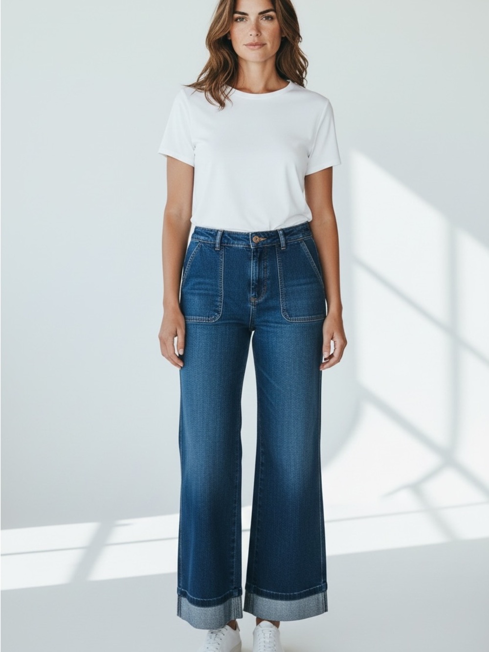 WHBM The Trouser Pocket Trouser Wide Leg Dark Wash Patch Pocket Denim Jean 8
